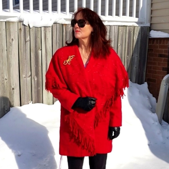 LIKE NEW Vintage Red Wool Fringe Embroidered Pea Coat Western Bohemian Winter - Picture 16 of 16